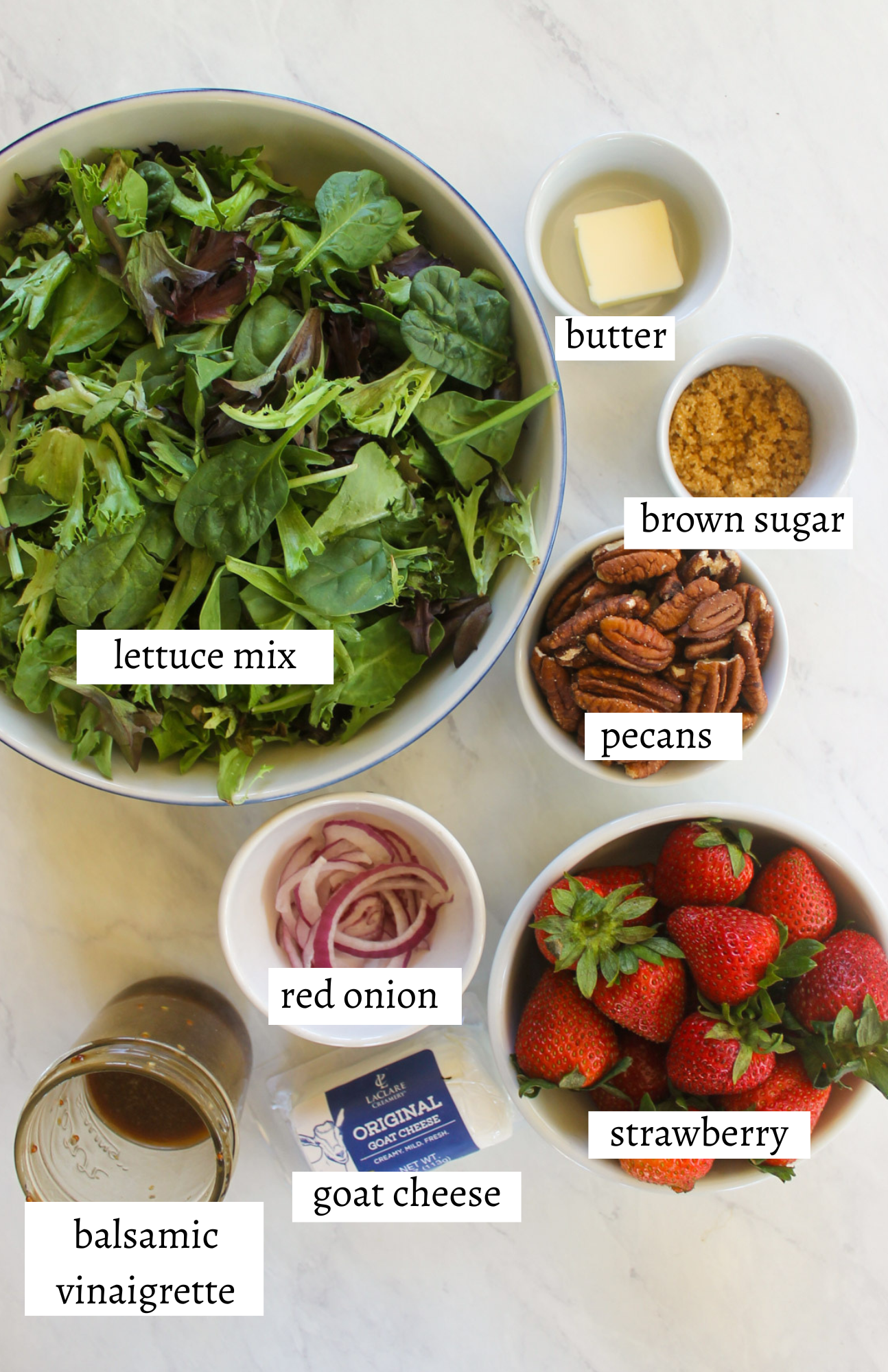 Labeled ingredients for Strawberry Goat Cheese Salad.