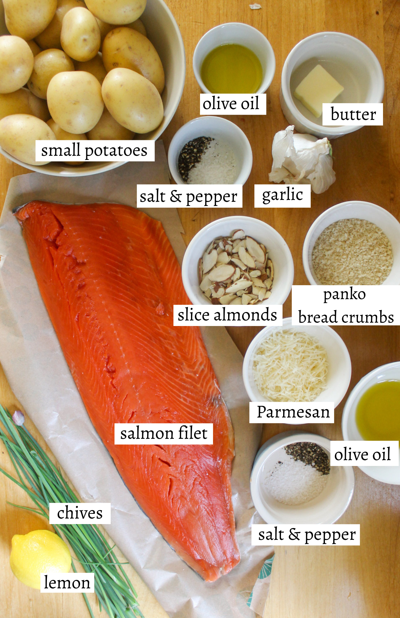 Labeled ingredients for Almond Crusted Salmon with Crispy Potatoes.