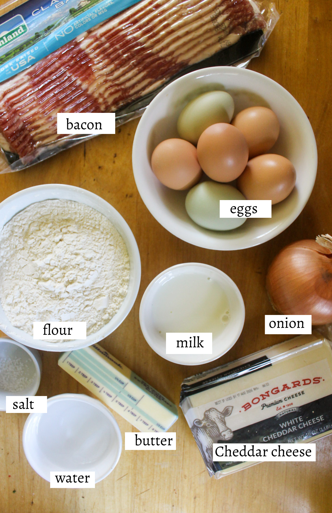 Labeled ingredients for Bacon Onion Cheddar Quiche.
