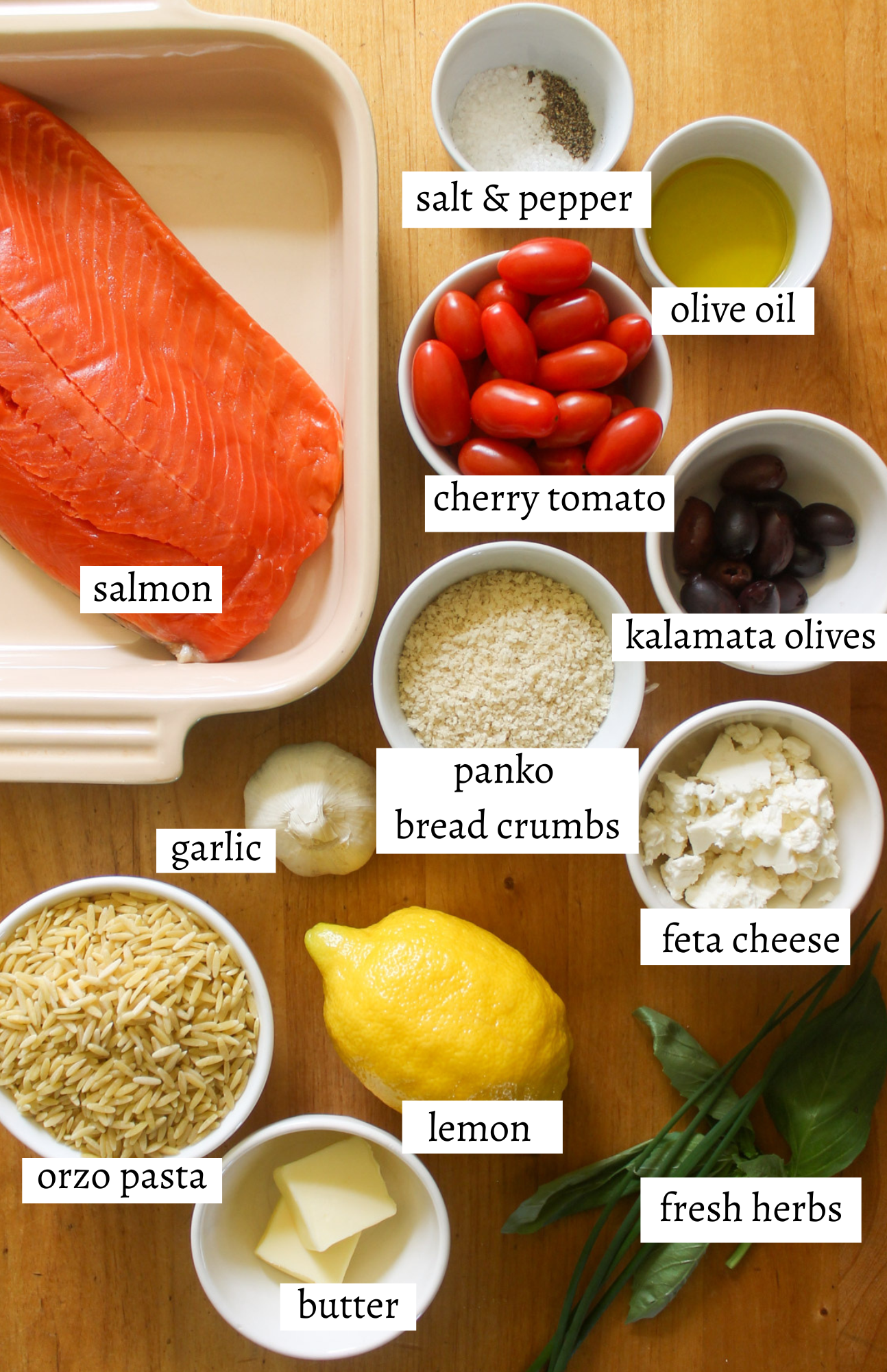 Labeled ingredients for Mediterranean Baked Salmon with Lemon Orzo.