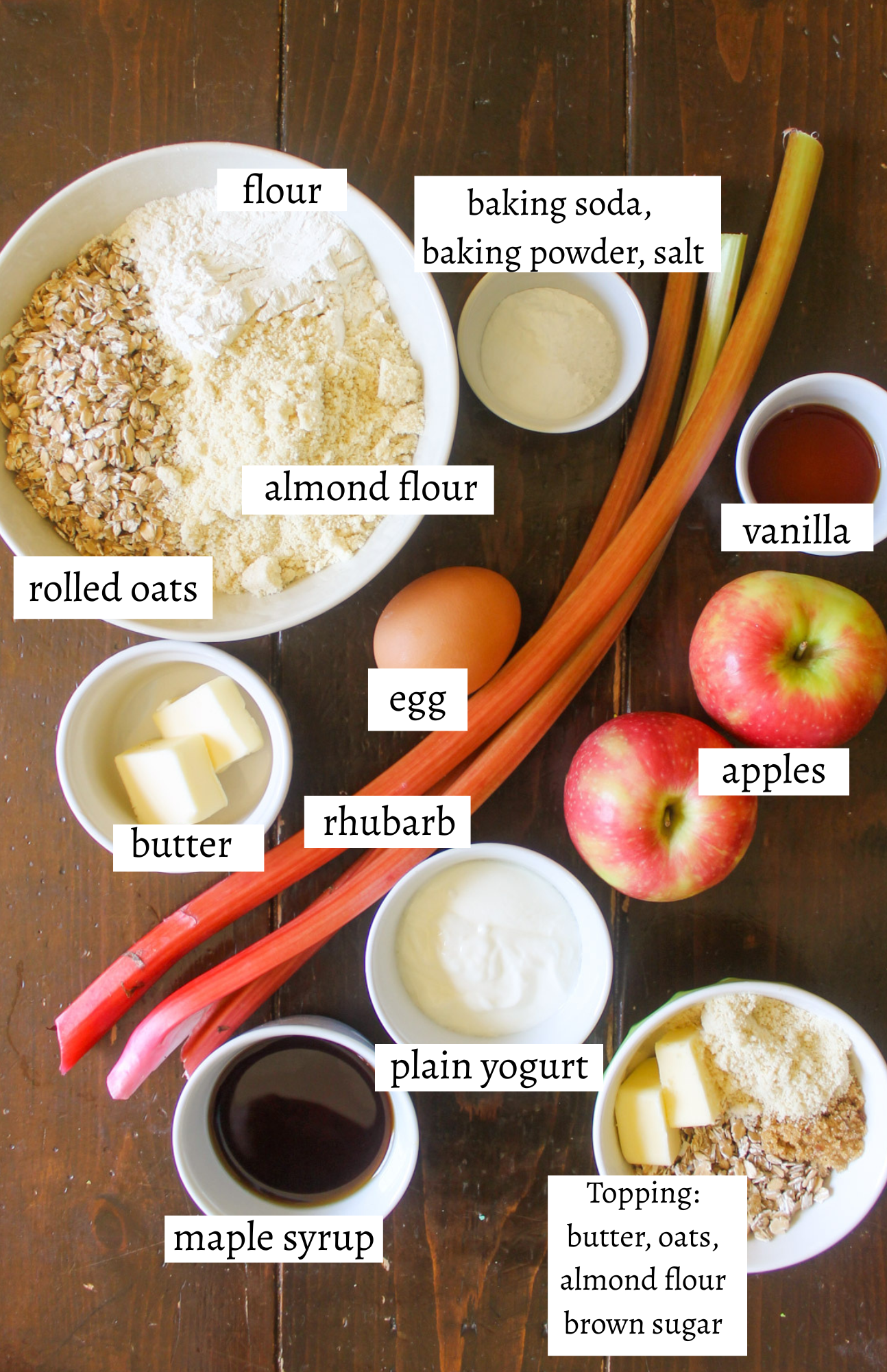 Labeled ingredients for Apple Rhubarb Muffins.