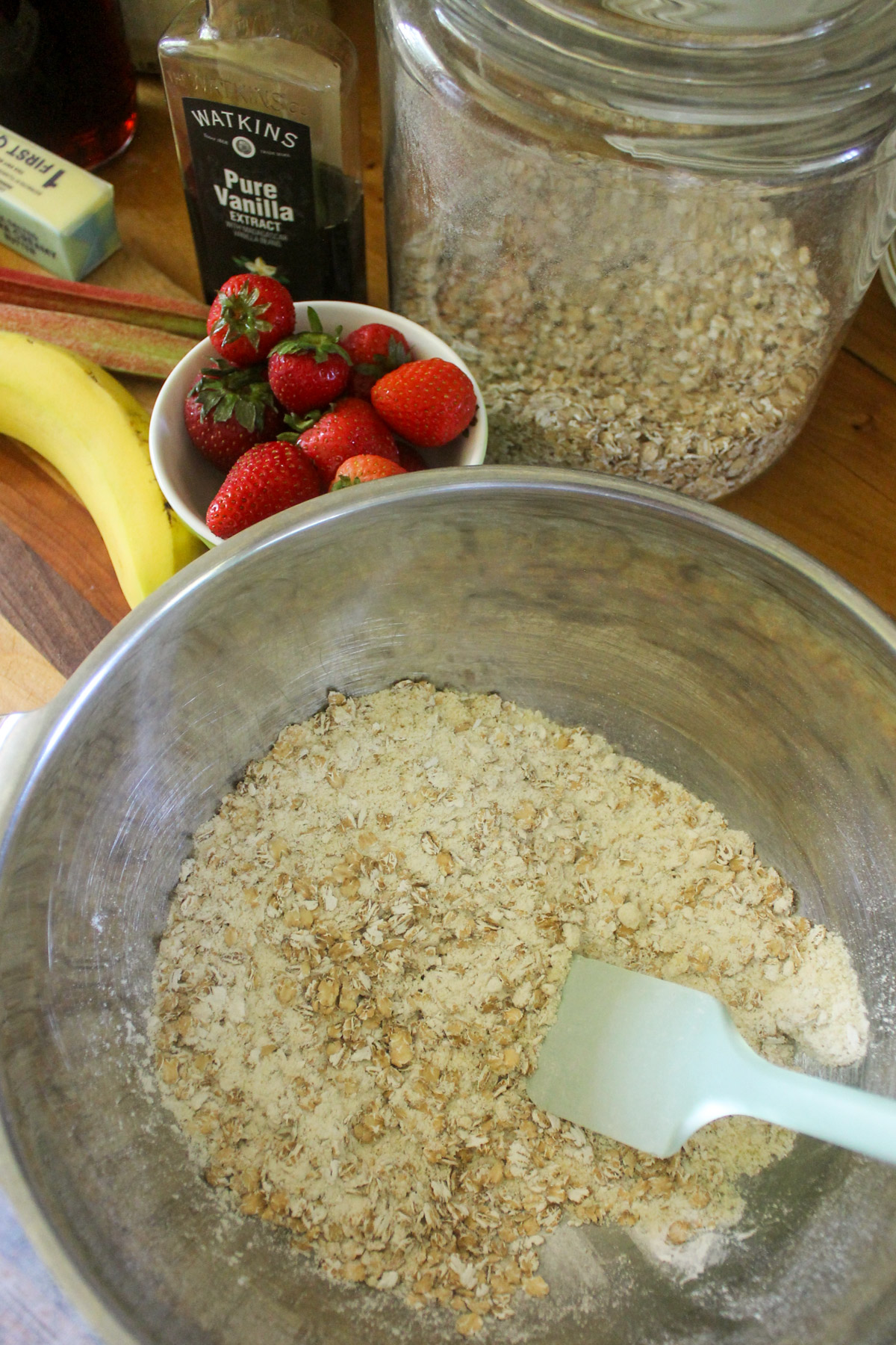Dry ingredient for muffins in a mixing bowl.
