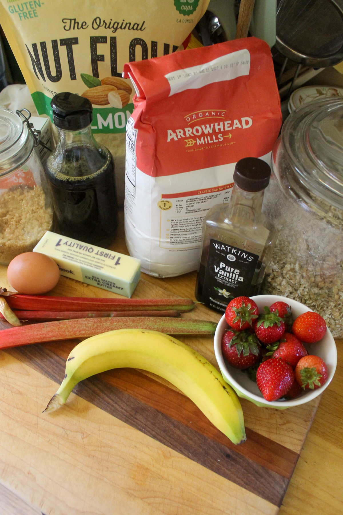 Ingredients for Healthier Strawberry Rhubarb Muffins.
