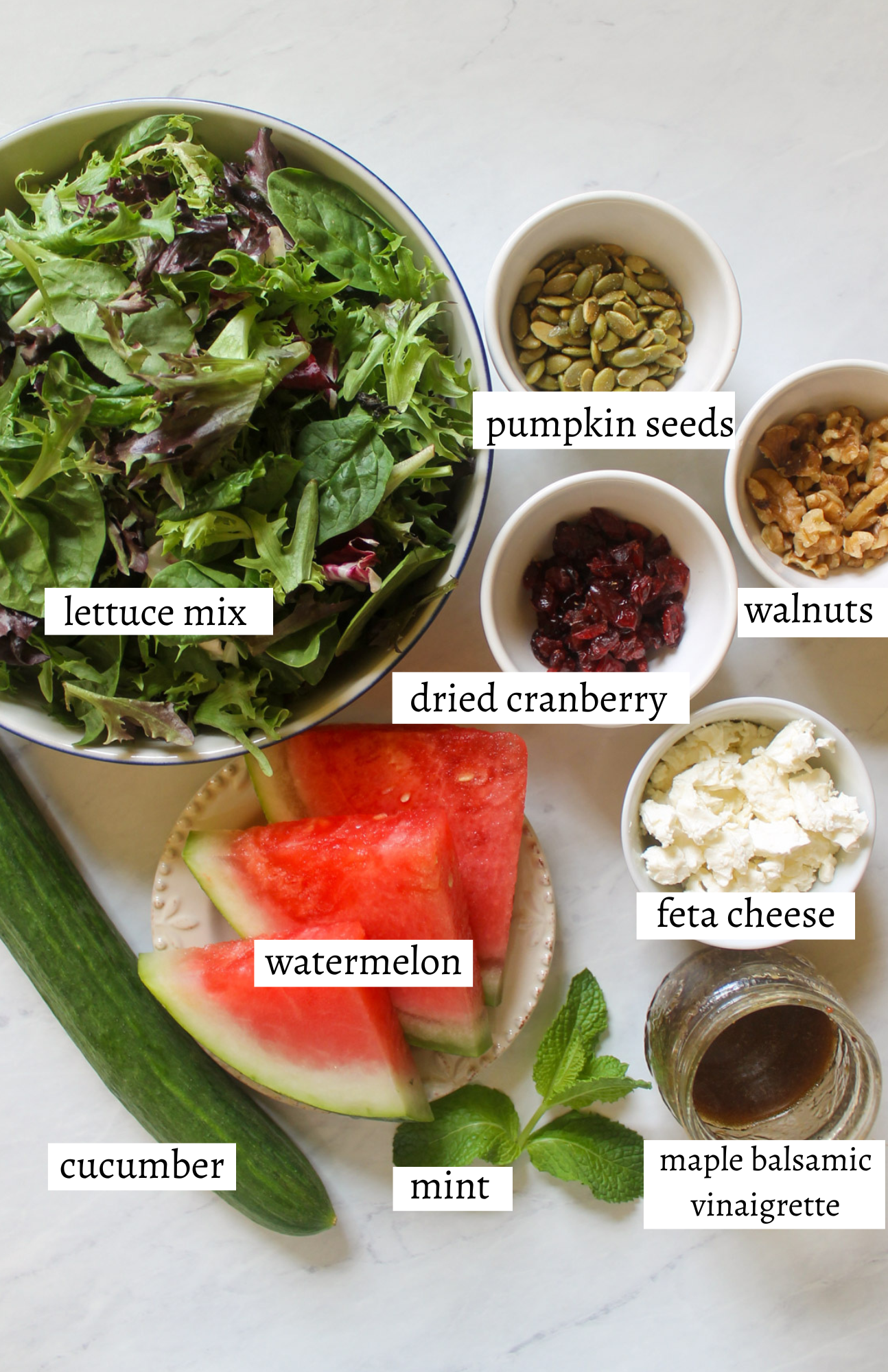 Labeled ingredients for Watermelon Cucumber Salad.
