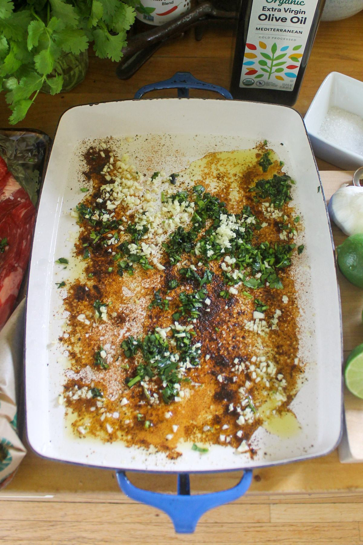 Steak marinade in a large casserole dish.