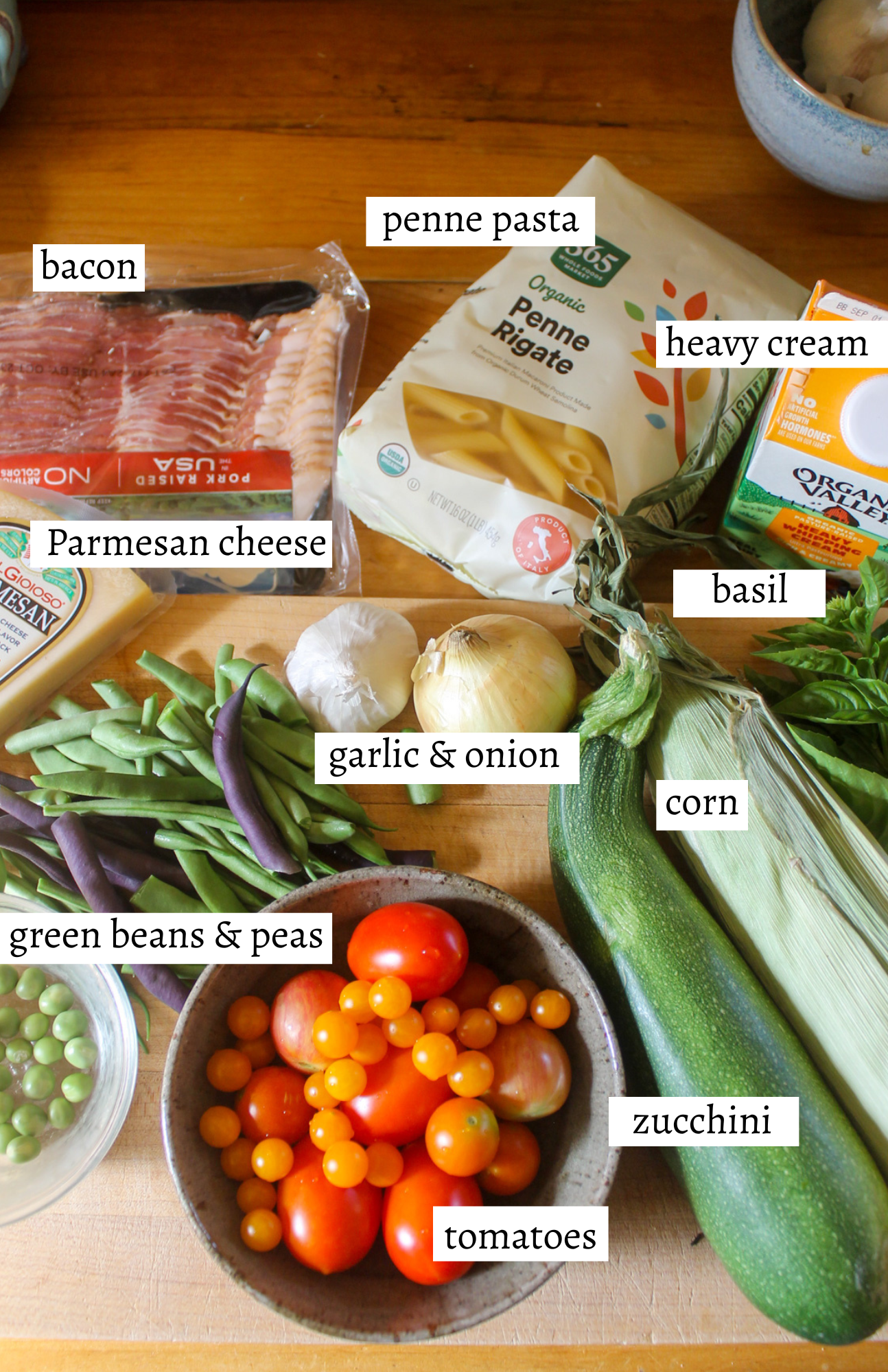 Labeled ingredients for Garden Harvest Pasta.