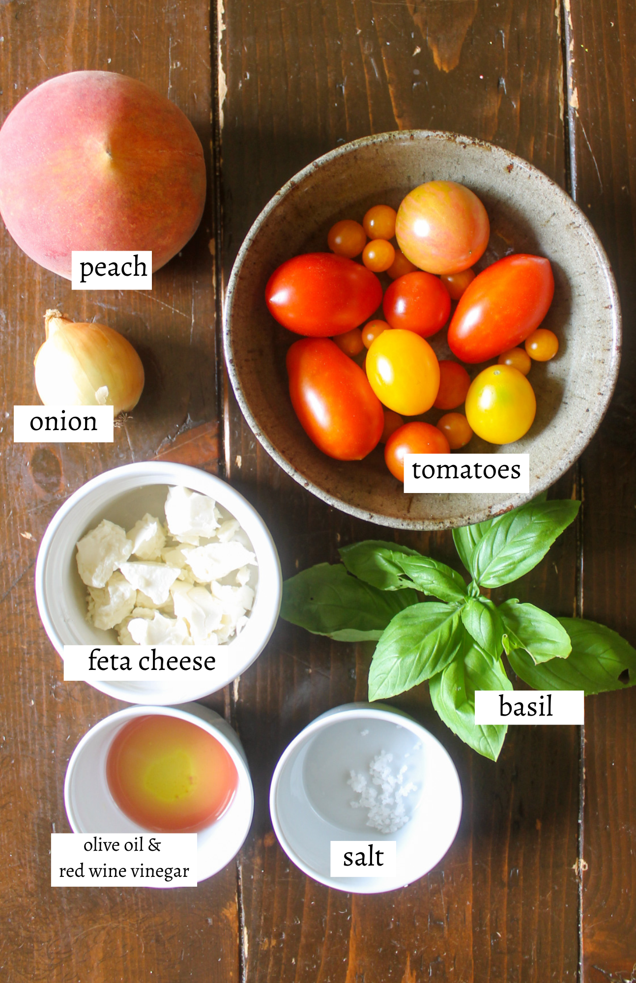 Labeled ingredients for Peach Tomato Salad.