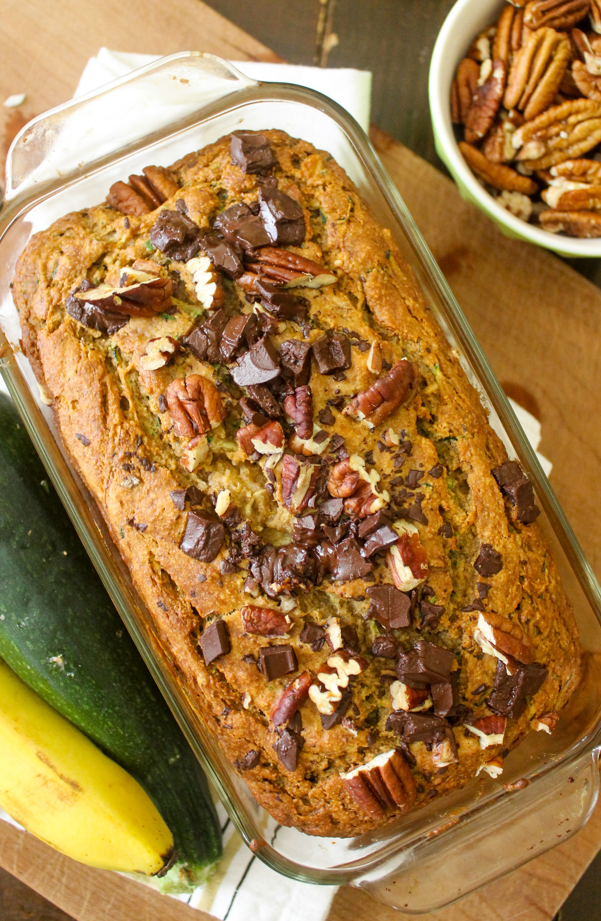 Baked Banana Zucchini Bread with pecans and chocolate chunks.