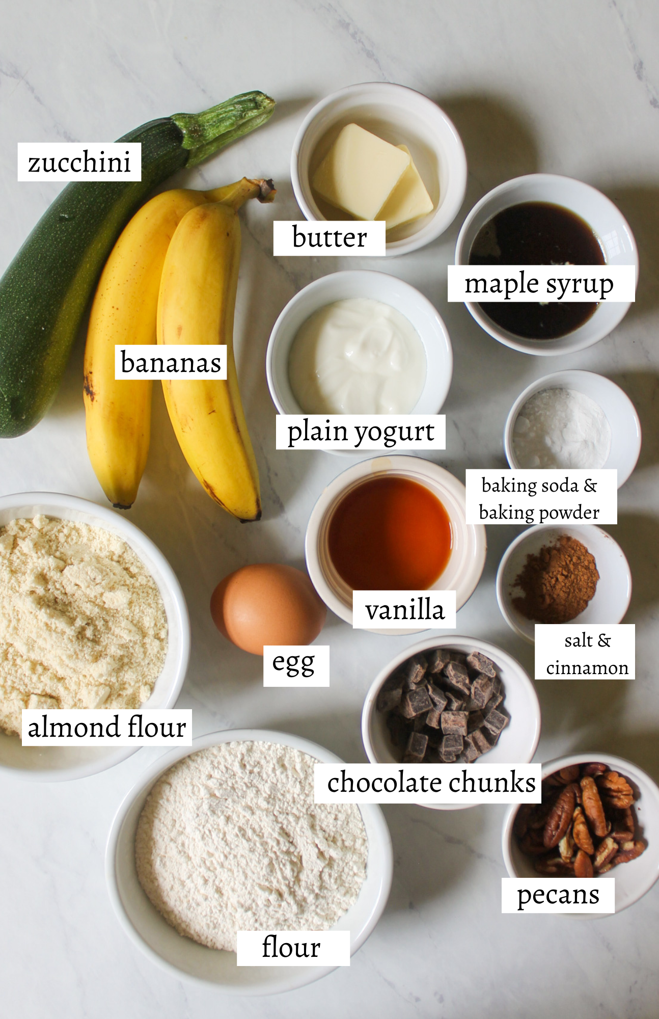 Labeled ingredients for Zucchini Banana Bread.