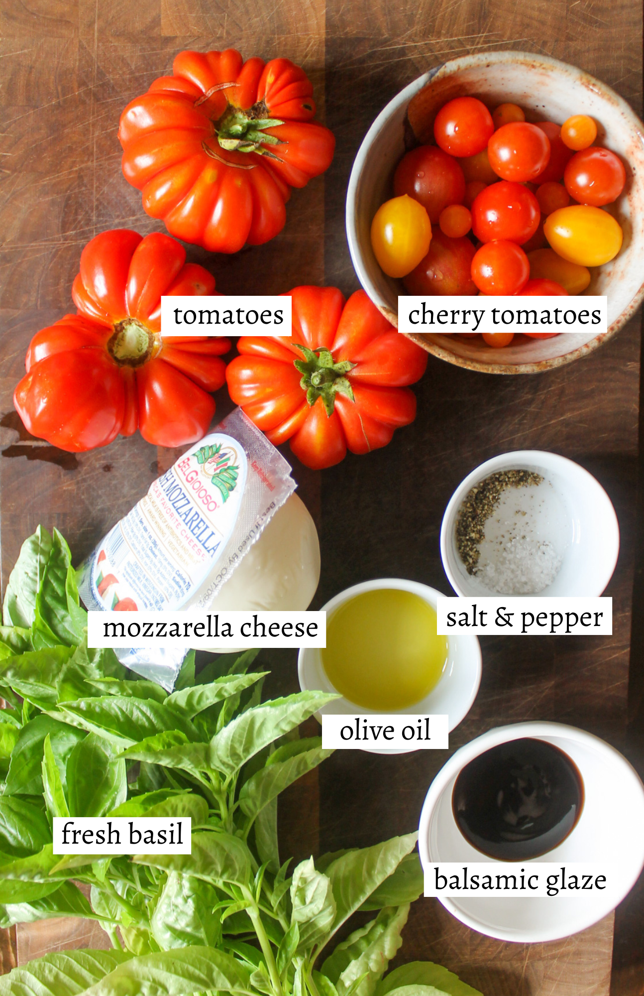 Labeled ingredients for Caprese Salad.