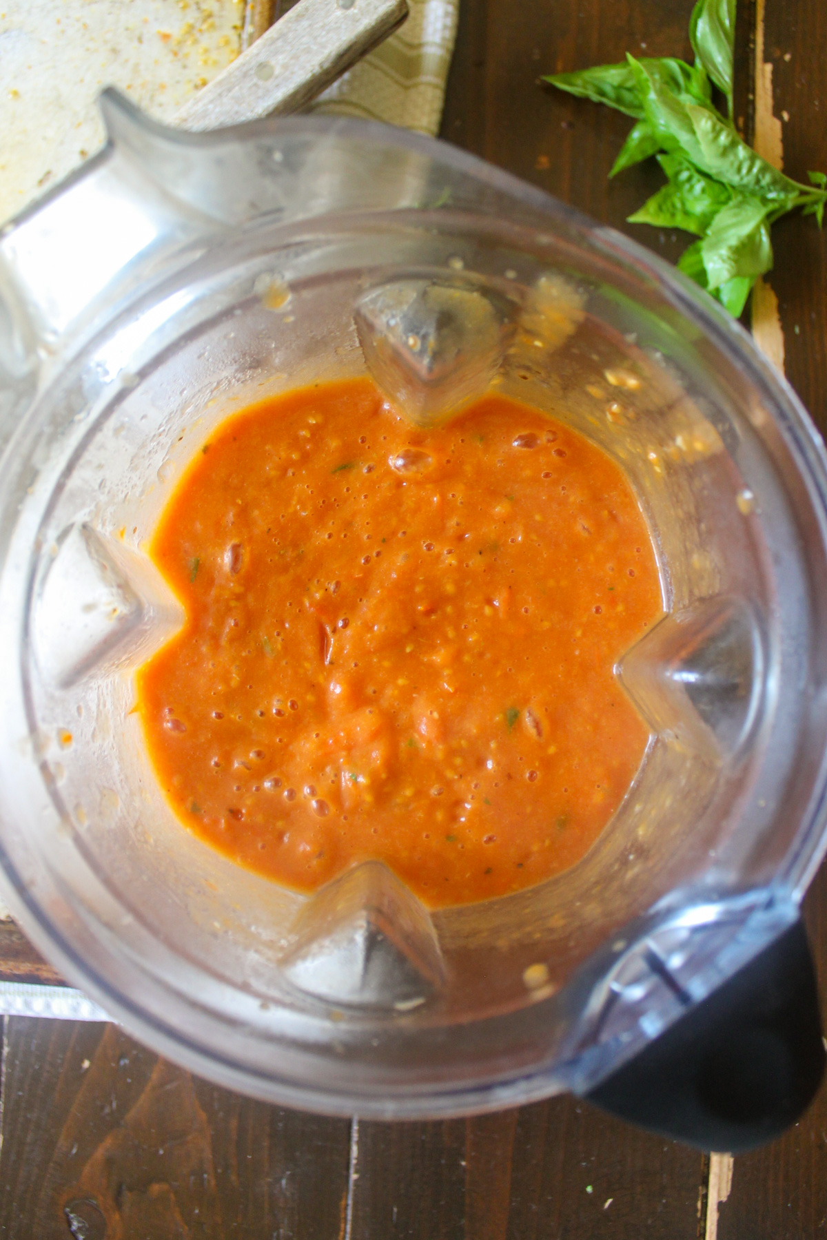 Pureed cherry tomato sauce in a blender.