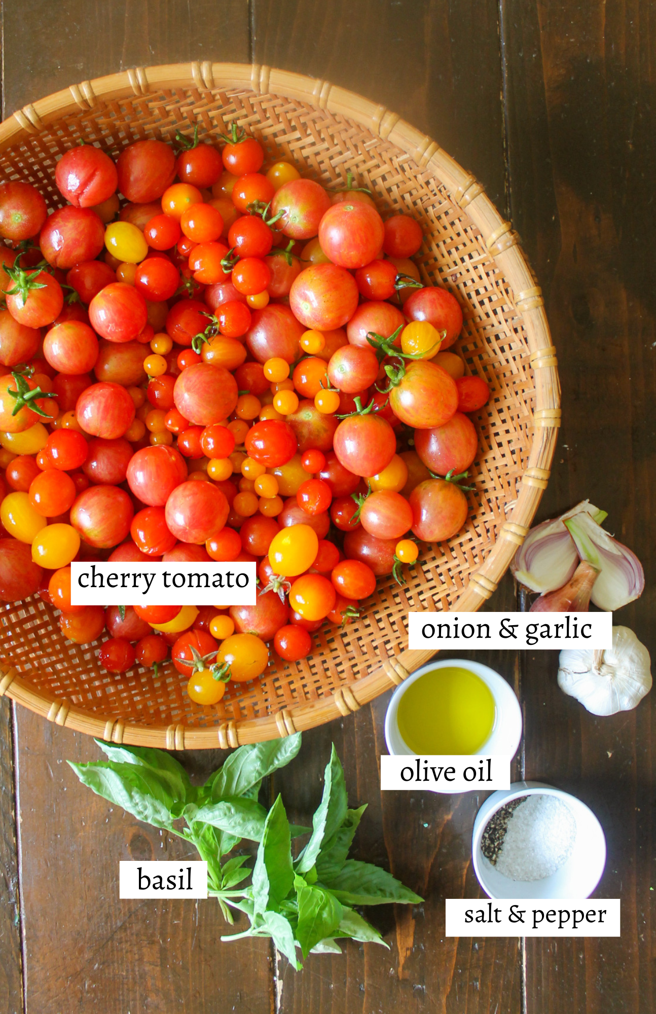 Labeled ingredients for Roasted Cherry Tomato Sauce.