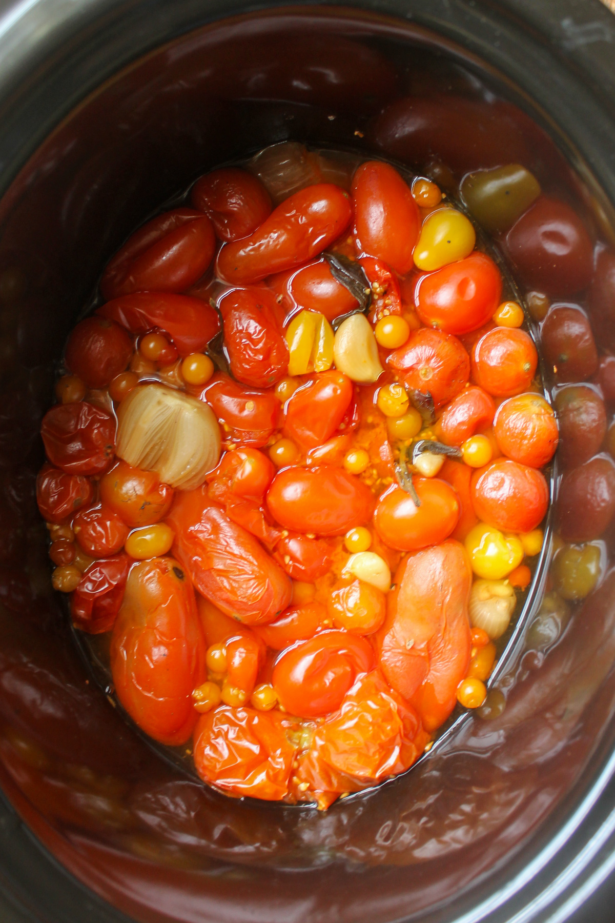 Garden tomatoes cooked in a slow cooker.