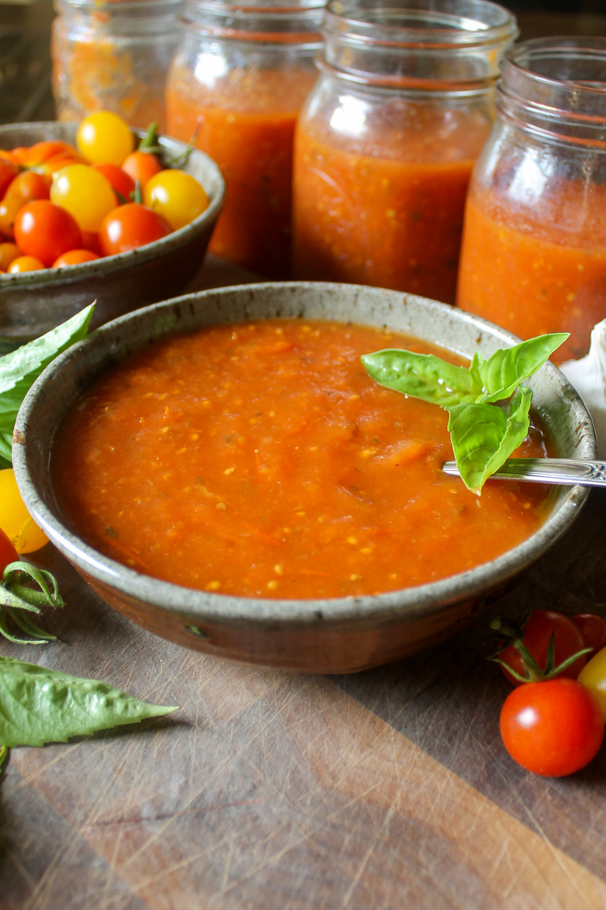 A bowl of crockpot tomato sauce from fresh tomatoes and jars of sauce.