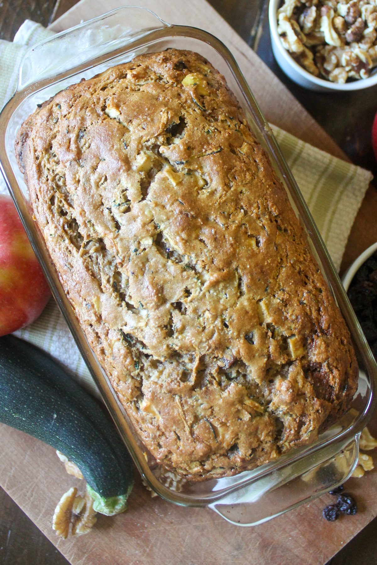 The top of a loaf of apple zucchini bread.