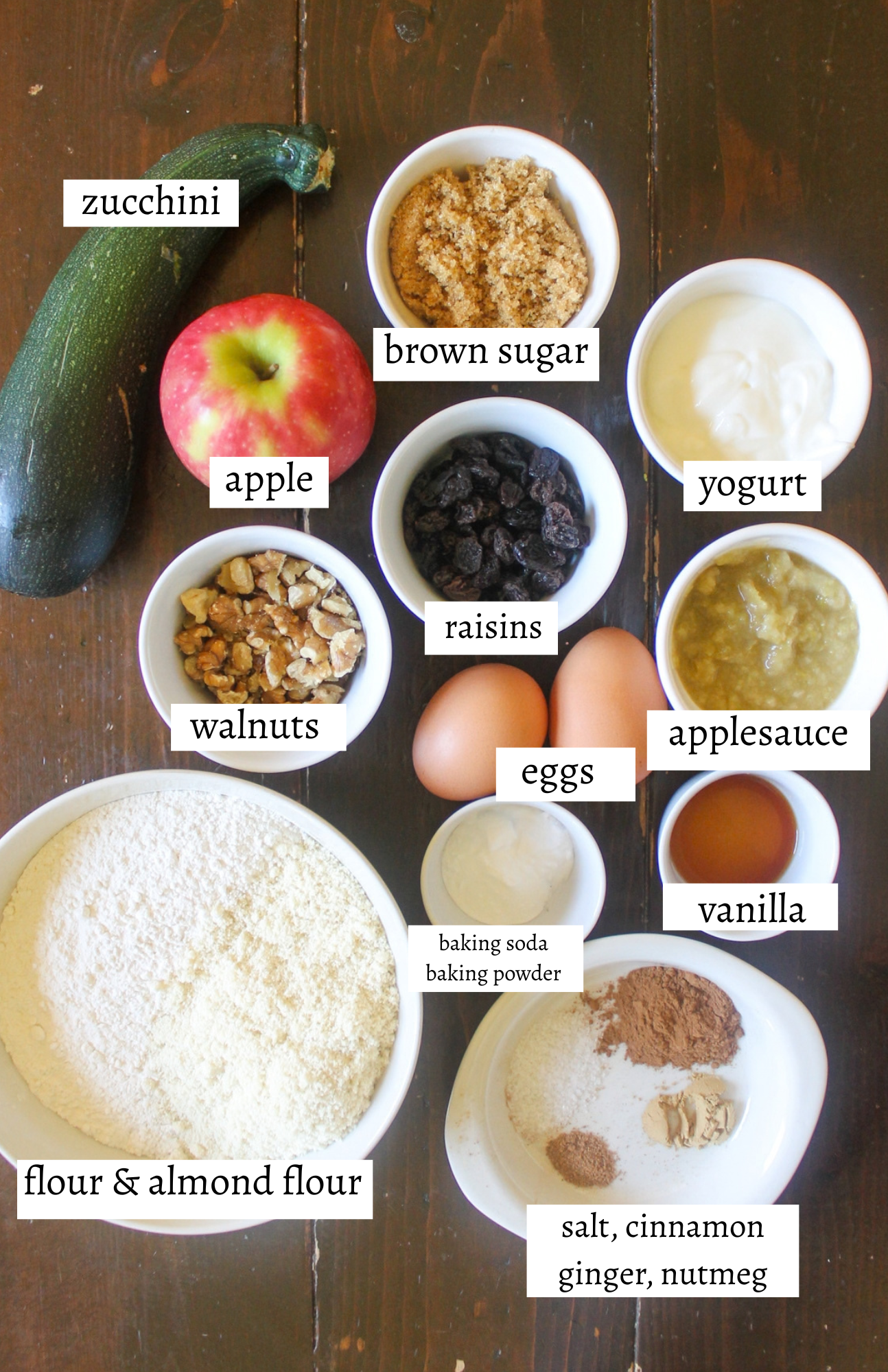 Labeled ingredients for Apple Zucchini Bread.