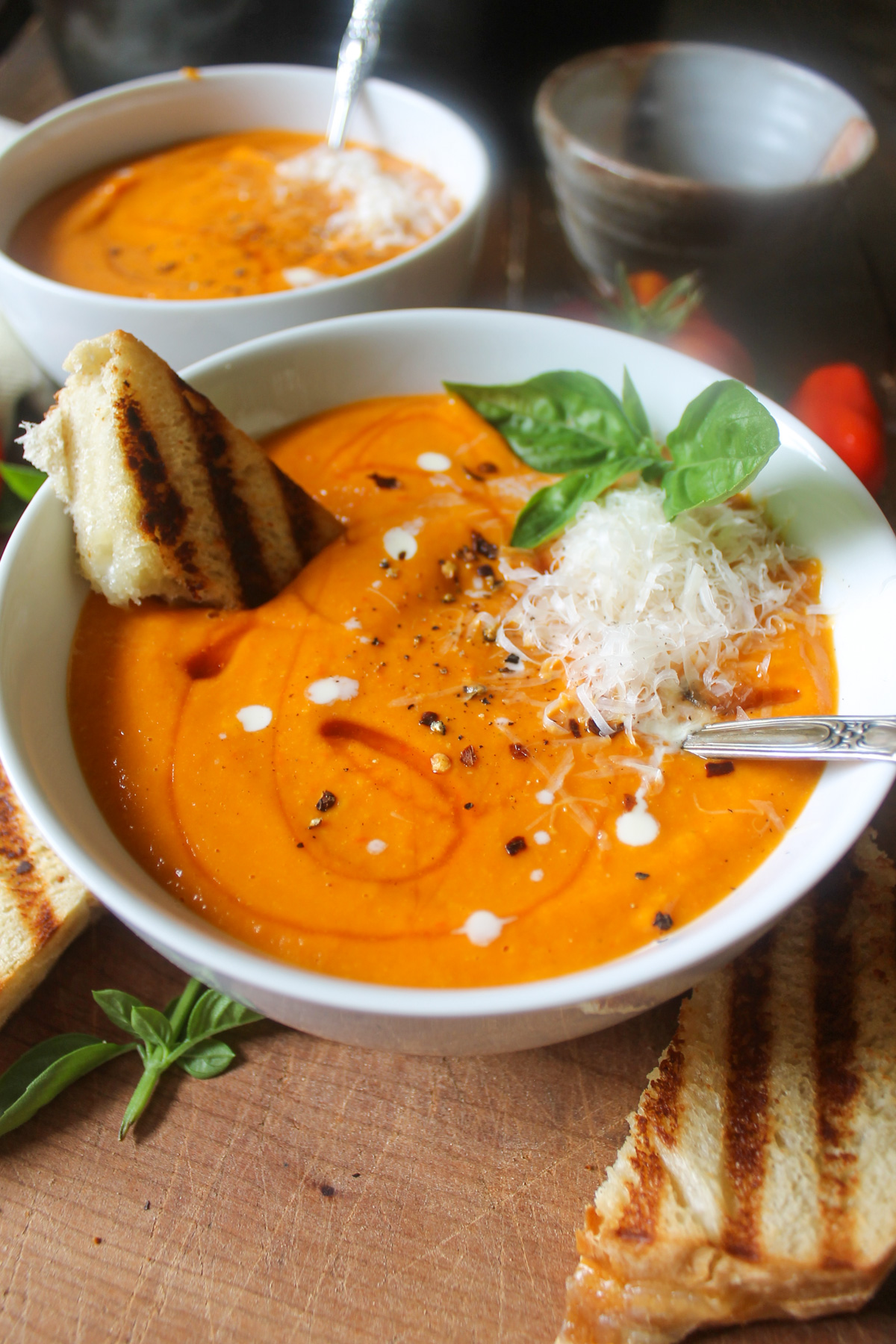 Sweet potato tomato soup with grilled cheese sandwiches.