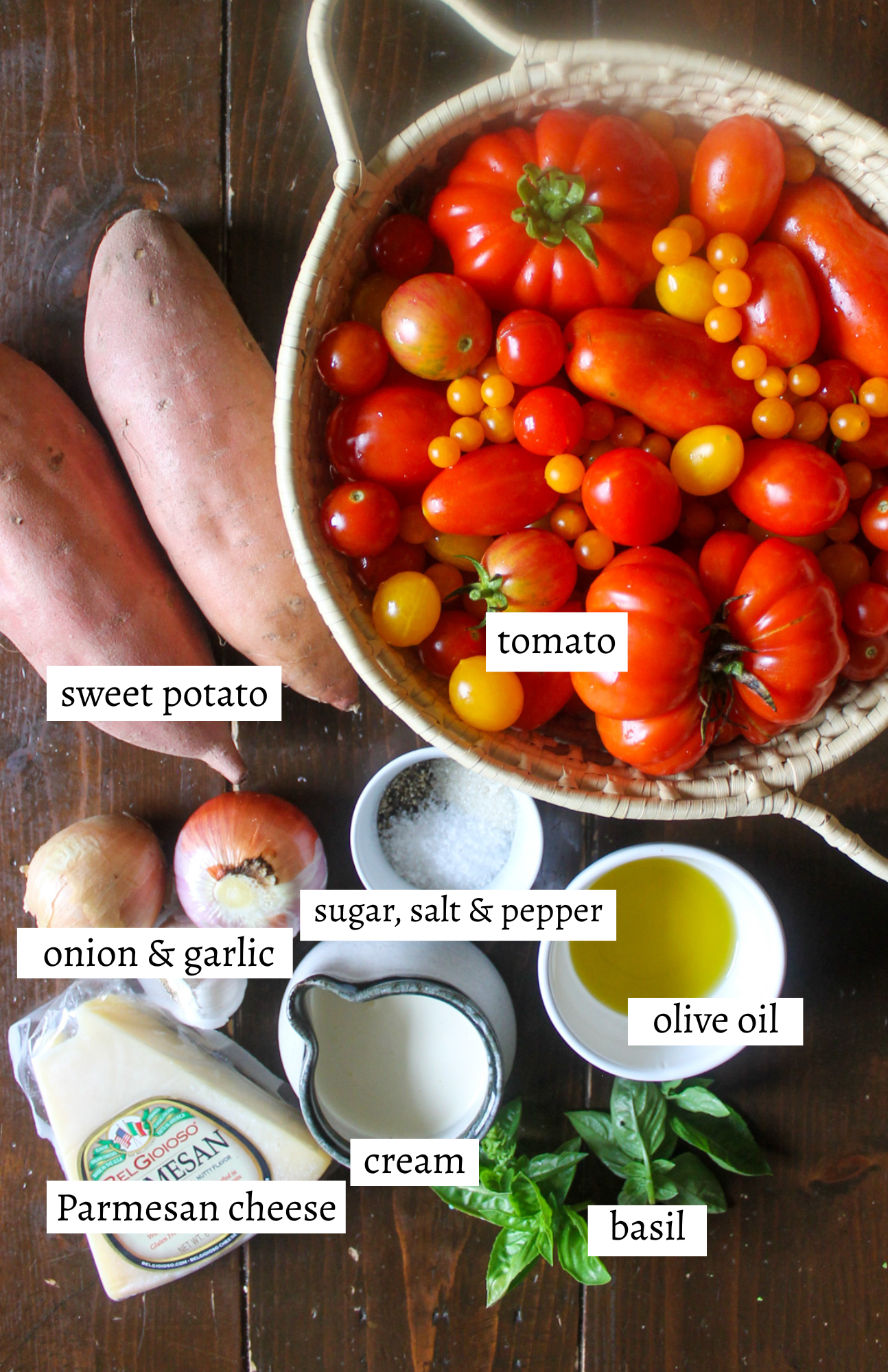 Labeled ingredients for Tomato Sweet Potato Soup.