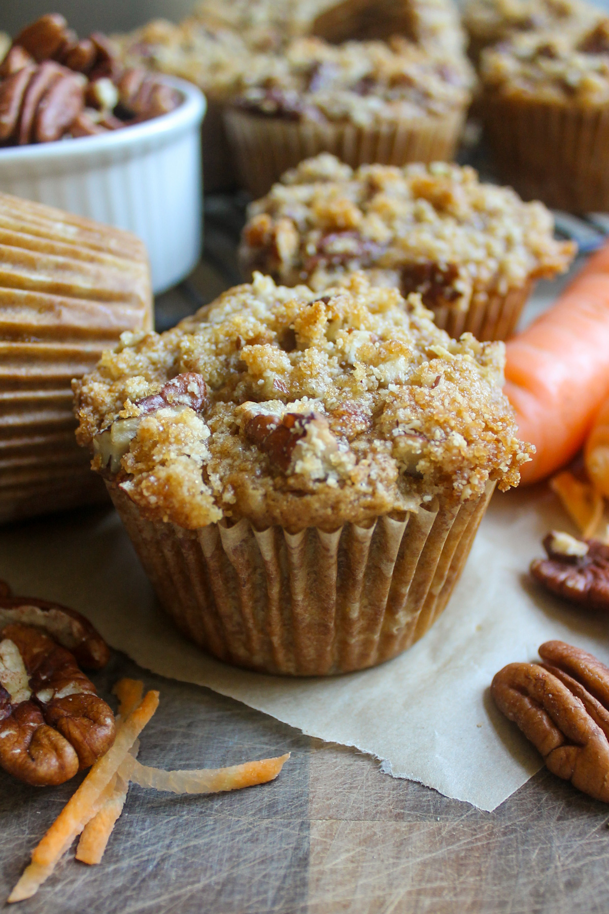 Carrot Applesauce Muffins with pecan streusel topping.