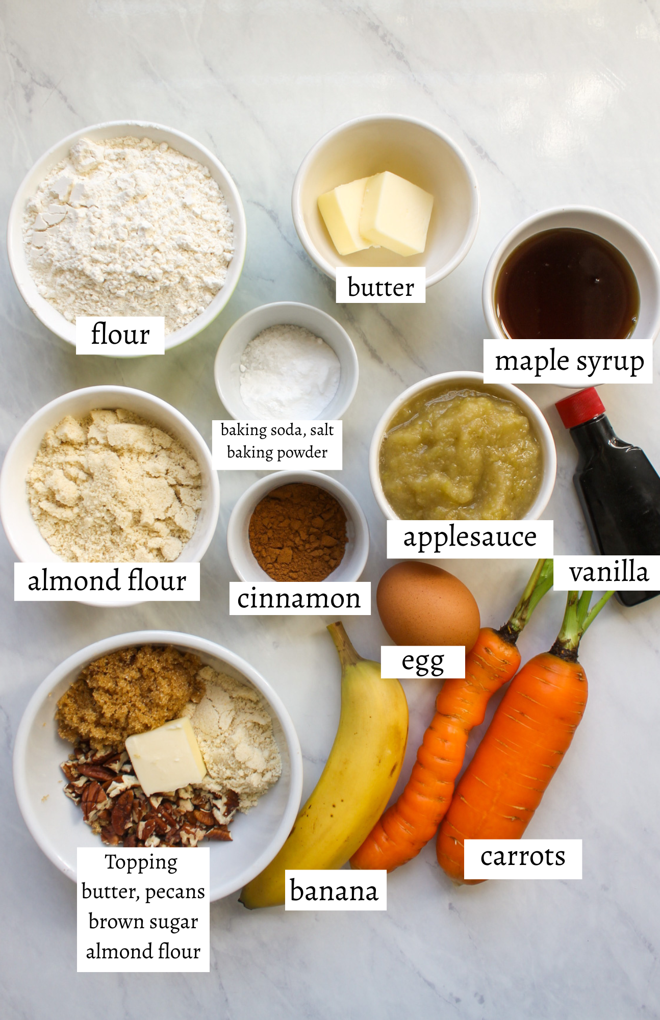 Labeled ingredients for Carrot Applesauce Muffins.